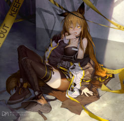 Rule 34 | 1girl, absurdres, animal ears, arknights, arm between breasts, bare shoulders, blush, boots, breasts, brown footwear, brown thighhighs, caution tape, ceobe (arknights), cleavage, dm (dai miao), dog ears, dog girl, dog tail, fang, hand to own mouth, highres, jacket, keep out, large breasts, long hair, looking at viewer, nose blush, open clothes, open jacket, open mouth, orange hair, red eyes, solo, tail, thighhighs, very long hair, zettai ryouiki