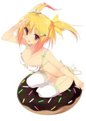 Rule 34 | 1girl, bad id, bad pixiv id, blonde hair, blush, bra, breasts, cleavage, doughnut, food, frilled bra, frilled panties, frills, garter straps, green panties, hair ornament, hair ribbon, highres, hokkana, large breasts, long hair, open mouth, original, panties, red eyes, ribbon, salute, scrunchie, smile, solo, thighhighs, transparent background, twintails, underwear, underwear only, white bra, white thighhighs