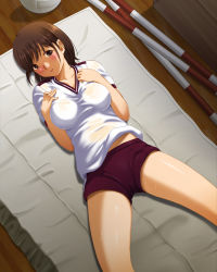 Rule 34 | 1girl, anegasaki nene, bad id, bad pixiv id, blush, breasts squeezed together, breasts, brown eyes, brown hair, gym storeroom, gym uniform, indoors, large breasts, love plus, love plus plus, mole, mole under eye, see-through, shian (my lonly life.), solo, sweat