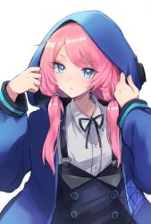 Rule 34 | 1girl, arknights, black ribbon, black skirt, blue eyes, blue jacket, blue poison (arknights), blush, closed mouth, collared shirt, high-waist skirt, highres, hood, hood up, hooded jacket, jacket, long hair, long sleeves, looking at viewer, low twintails, nanatsuka, neck ribbon, pink hair, ribbon, shirt, simple background, skirt, solo, suspender skirt, suspenders, swept bangs, twintails, upper body, white background, white shirt