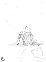 Rule 34 | 1boy, 1girl, ahoge, bow, cirno, coat, comic, couple, from behind, futa (nabezoko), greyscale, hair ribbon, height difference, hetero, ice, ice wings, monochrome, morichika rinnosuke, ribbon, scarf, shoes, short hair, silent comic, sitting, snow, steam, touhou, wariza, wings