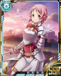 Rule 34 | 10s, 1girl, armor, breastplate, card (medium), gloves, hair ornament, hairclip, holding, holding sword, holding weapon, lake, lisbeth (sao), lisbeth (sao-alo), outdoors, pink eyes, pink hair, pointy ears, smile, solo, star (symbol), sword, sword art online, weapon, white gloves