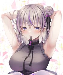 Rule 34 | 1girl, armpits, arms behind head, black ribbon, black skirt, breasts, commission, earrings, fang, fang out, frilled shirt, frills, grey hair, grey shirt, hair bun, hair ribbon, heart, heart earrings, high-waist skirt, highres, holding, holding ribbon, indie virtual youtuber, jewelry, large breasts, long hair, looking at viewer, minami tette, mitsuki tsumi, mouth hold, multicolored hair, neck ribbon, presenting armpit, purple eyes, purple hair, ribbon, second-party source, shirt, skeb commission, skirt, sleeveless, sleeveless shirt, smile, solo, sparkle, streaked hair, taut clothes, taut shirt, upper body, virtual youtuber