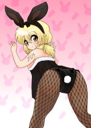 Rule 34 | 1girl, absurdres, against wall, animal ears, ass, blonde hair, blush, breasts, chinese zodiac, dard drak, fake animal ears, fake tail, fishnet pantyhose, fishnets, from behind, hidamari sketch, highres, large breasts, long hair, looking at viewer, looking back, miyako (hidamari sketch), new year, pantyhose, pink background, rabbit ears, rabbit tail, see-through, smile, solo, tail, year of the rabbit
