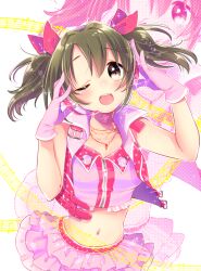 Rule 34 | 1girl, bare shoulders, blush, bow, breasts, brown eyes, brown hair, crop top, cropped jacket, cropped shirt, dot nose, gloves, hair bow, hair ribbon, hands up, headset, idolmaster, idolmaster cinderella girls, idolmaster cinderella girls starlight stage, imai kana, jacket, jamu, jewelry, layered skirt, long hair, looking at viewer, medium breasts, midriff, musical note, navel, necklace, one eye closed, open clothes, open jacket, open mouth, pink gloves, pink jacket, pink shirt, pink skirt, polka dot, polka dot background, red ribbon, ribbon, shirt, skirt, sleeveless, sleeveless jacket, sleeveless shirt, smile, solo, sparkle, teeth, twintails, upper teeth only, white background, zoom layer