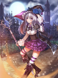 Rule 34 | 1girl, bad id, bad pixiv id, black footwear, black hat, black jacket, boots, bow, clock, clock tower, commentary, fence, flower, full moon, hand up, hat, hat bow, hat flower, highres, holding, holding staff, jacket, long sleeves, luc (kor), moon, night, original, outdoors, purple skirt, silver hair, skirt, solo, staff, standing, striped clothes, striped legwear, striped thighhighs, thighhighs, tower, unworn jacket, wizard hat