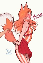 Rule 34 | 1girl, animal ears, blush, brown eyes, dress, drill hair, fox ears, fox girl, fox tail, freckles, from behind, highres, long hair, moaning, original, poppytart, pulling, red hair, solo, sunset nivaris, surprised, tail, tail grab, tail pull, tan, tanline, thighhighs, wide-eyed