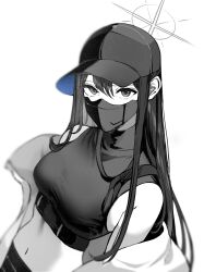 Rule 34 | 1girl, absurdres, baseball cap, blue archive, crop top, dutch angle, greyscale, halo, hat, highres, jacket, jacket partially removed, kapo, korean commentary, long hair, looking at viewer, mask, midriff, monochrome, mouth mask, saori (blue archive), simple background, sleeveless, solo, spot color, upper body, white background