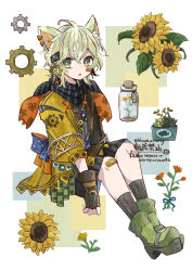 Rule 34 | 1boy, androgynous, animal ears, bandaid, bandaid on face, blonde hair, bloomminority, dog boy, dog ears, facing away, fantasy, fingerless gloves, flower, full body, gloves, green eyes, highres, looking to the side, male focus, original, short hair, sitting, solo, steampunk, white background