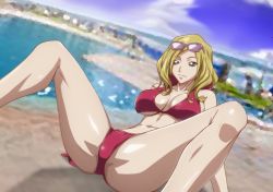 Rule 34 | 1girl, bare arms, bare legs, bare shoulders, bikini, bikini bottom only, blonde hair, blue eyes, breasts, cleavage, closed mouth, code geass, day, groin, kyabakurabakufu, large breasts, legs, looking down, lying, milly ashford, navel, outdoors, red bikini, shiny skin, short hair, sky, smile, solo, solo focus, spread legs, sunglasses, sunglasses on head, swimsuit, thighs