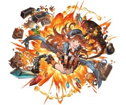 Rule 34 | &gt;:d, 10s, 1girl, :d, blue jacket, breasts, cleavage, coin, cropped jacket, explosion, eyebrows, full body, gem, goggles, goggles on headwear, granblue fantasy, gun, handgun, hat, jacket, long hair, mary (granblue fantasy), minaba hideo, official art, open mouth, orange eyes, orange hair, smile, solo, striped, stuffed animal, stuffed toy, tears, teddy bear, teeth, transparent background, treasure chest, v-shaped eyebrows, weapon