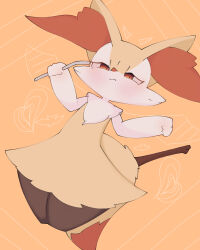 Rule 34 | 1girl, animal ear fluff, animal ears, animal nose, black fur, blush, body fur, braixen, closed mouth, cowboy shot, creatures (company), cropped legs, drawn horns, drawn wings, dutch angle, female focus, flat chest, fox ears, fox girl, fox tail, game freak, gen 6 pokemon, half-closed eyes, hands up, heart, highres, holding, looking at viewer, multicolored fur, neck fur, nintendo, orange background, pokemon, pokemon (creature), red eyes, sakuyan (sakuyan1007), solo, standing, stick, tail, thick thighs, thighs, white fur, wide hips, yellow fur