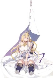 Rule 34 | 1girl, ahoge, arm guards, armor, bare shoulders, belt, blonde hair, blue eyes, blue footwear, blush, boots, breasts, choker, circlet, detached sleeves, dress, fate/apocrypha, fate (series), flower, gauntlets, gem, greaves, hair flower, hair ornament, highres, jeanne d&#039;arc (fate), jeanne d&#039;arc (ruler) (fate), large breasts, long hair, looking at viewer, nanahara fuyuki, puffy short sleeves, puffy sleeves, red gemstone, seiza, sheath, sheathed, short sleeves, sidelocks, single gauntlet, sitting, smile, solo, standard bearer, sword, thigh boots, thighhighs, torn clothes, torn dress, very long hair, weapon, white dress