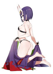 Rule 34 | 1girl, absurdres, ass, back, bare shoulders, barefoot sandals (jewelry), blush, bob cut, breasts, bridal gauntlets, dickbomber, eyeliner, fate/grand order, fate (series), feet, headpiece, highres, horns, japanese clothes, kimono, legs, looking at viewer, looking back, makeup, oni, open mouth, pointy ears, purple eyes, purple hair, purple kimono, revealing clothes, short hair, shuten douji (fate), simple background, skin-covered horns, small breasts, smile, solo, unworn kimono, white background