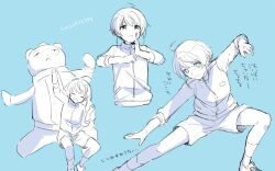 Rule 34 | 1boy, ahoge, blue background, greyscale with colored background, harukawa (aonori1022), idolmaster, idolmaster side-m, jacket, long sleeves, male focus, pierre bichelberger, short hair, shorts, sketch, socks, solo, stretching, translation request