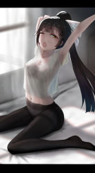 Rule 34 | 1girl, arched back, armpits, arms behind head, arms up, azur lane, backlighting, bed, bed sheet, bedroom, black hair, black pantyhose, blush, bow, breasts, brown eyes, chestnut mouth, cleavage, collarbone, commentary request, covered erect nipples, curtains, d;, day, dot nose, hair bow, hair flaps, half-closed eye, high ponytail, highres, indoors, letterboxed, long hair, looking at viewer, medium breasts, navel, no shoes, on bed, one eye closed, open mouth, panties, panties under pantyhose, pantyhose, ponytail, raised eyebrows, see-through silhouette, shirt, short sleeves, sitting, solo, stomach, stretching, sunlight, t-shirt, takao (azur lane), taut clothes, taut shirt, thighband pantyhose, underwear, very long hair, wariza, white bow, white panties, white shirt, window, yawning, yuritopia