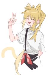 Rule 34 | 1girl, ahoge, animal ears, arm behind back, black skirt, blonde hair, bocchi the rock!, bow, cat ears, cat girl, cat tail, closed eyes, collared shirt, commentary, corrupted twitter file, fang, hand up, hashtag-only commentary, highres, ijichi nijika, kemonomimi mode, long hair, molu stranger, red bow, shirt, short sleeves, side ponytail, simple background, skirt, smile, solo, tail, v, very long hair, whiskers, white background, white shirt