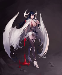 Rule 34 | 1girl, armor, artist name, bangle, belt, black hair, blood, blood drip, blood on hands, bracelet, breasts, brown thighhighs, cape, cleavage, collarbone, corset, demon girl, demon horns, demon wings, elbow gloves, fingerless gloves, full body, fur-trimmed cape, fur trim, gloves, hair ornament, hair tie, hand to head, hand up, high heels, highres, horns, jewelry, large breasts, lips, long hair, looking at viewer, nose, original, parted lips, pink lips, pointing, red eyes, revealing clothes, shoes, sideboob, smile, solo, standing, teeth, thigh strap, thighhighs, white cape, white footwear, white gloves, white wings, wings, woo jin lee