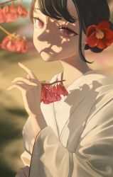 Rule 34 | 1girl, blurry, blurry background, branch, brown hair, closed mouth, commentary, english commentary, eyebrows hidden by hair, flat chest, flower, hair bun, hair flower, hair ornament, hand up, head tilt, highres, holding, holding branch, japanese clothes, kimono, litra (ltr0312), looking at viewer, original, pink eyes, portrait, red flower, shadow, single hair bun, smile, solo, upper body, white kimono