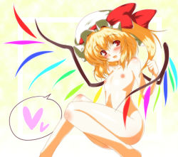Rule 34 | 1girl, blonde hair, blush, bow, fang, female focus, flandre scarlet, flat chest, hat, heart, nipples, nude, open mouth, petite, ponytail, red eyes, ribbon, short hair, shoushinmono, side ponytail, solo, tanaka ginji, embodiment of scarlet devil, touhou, wings
