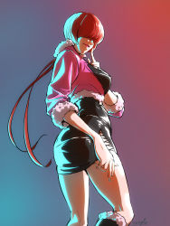 Rule 34 | 1girl, artist request, ass, boots, breasts, cleavage, cleavage cutout, clothing cutout, cropped jacket, earrings, hair over eyes, highres, jewelry, large breasts, long hair, makeup, ponytail, red hair, shermie (kof), skirt, solo, the king of fighters, the king of fighters xv
