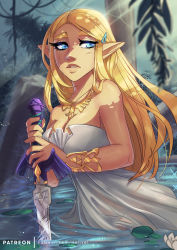 Rule 34 | 1girl, blonde hair, blue eyes, bracelet, breasts, broken, broken sword, broken weapon, cleavage, commentary, crying, crying with eyes open, dress, english commentary, eyeliner, hair ornament, hairclip, helixel, highres, holding, holding sword, holding weapon, jewelry, light rays, lips, long hair, makeup, master sword, medium breasts, necklace, nintendo, outdoors, parted bangs, partially submerged, pointy ears, princess zelda, solo, strapless, strapless dress, sunbeam, sunlight, sword, tears, the legend of zelda, the legend of zelda: breath of the wild, thick eyebrows, triforce, wading, water, weapon, wet, wet clothes, wet dress, white dress