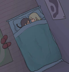Rule 34 | 2girls, bed, bedroom, blonde hair, braid, brown hair, closed eyes, commentary request, dutch angle, face-to-face, facing another, from above, fucca, hair down, head on pillow, highres, long hair, lying, madotsuki, multiple girls, on side, poniko, poster (object), profile, rug, sleeping, slippers, unworn slippers, under covers, wooden floor, yume nikki, yuri