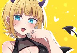 Rule 34 | 1girl, :3, bare shoulders, blonde hair, blue eyes, blush, breasts, cleavage, commentary request, covered collarbone, demon girl, demon horns, demon tail, drop shadow, fang, heart, highres, horns, looking at viewer, medium breasts, meiji (meizi493), mem-cho, open mouth, oshi no ko, short hair, solo, tail, yellow background