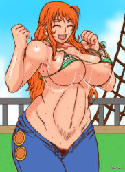 Rule 34 | 1girl, ahoge, bikini, bikini top only, blue sky, bouncing breasts, breasts, censored, denim, earrings, closed eyes, female pubic hair, highres, hip focus, jeans, jewelry, large breasts, long hair, midriff, nami (one piece), navel, nipple slip, nipples, one piece, open mouth, pants, papepox2, pubic hair, raised fist, signature, sky, smile, solo, sweat, swimsuit, unzipped, wide hips