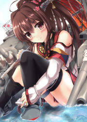 Rule 34 | 10s, 1girl, ahoge, black thighhighs, blush, brown eyes, brown hair, flower, hair flower, hair ornament, kantai collection, long hair, personification, ponytail, sitting, smile, solo, tenchou no matsumoto, thighhighs, umbrella, water, yamato (kancolle)