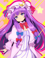 Rule 34 | 1girl, blush, bow, breasts, cleavage, commentary request, crescent, crescent hat ornament, dress, hair bow, harakune (mugennero), hat, hat ornament, highres, long hair, long sleeves, looking at viewer, mob cap, parted lips, patchouli knowledge, purple dress, purple eyes, purple hair, purple hat, red bow, small breasts, solo, striped clothes, striped dress, touhou, vertical-striped clothes, vertical-striped dress