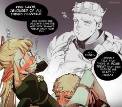 Rule 34 | 1boy, 1girl, @ @, blonde hair, blush, cloak, covering own mouth, crown, dress, dungeon meshi, eating, eidinazavr, elf, english text, food, food on face, fork, fur-trimmed cloak, fur trim, furrowed brow, gorget, gradient background, green dress, hetero, holding, holding fork, implied cunnilingus, juliet sleeves, laios touden, long hair, long sleeves, marcille donato, pointy ears, puffy cheeks, puffy sleeves, short hair, sidelocks, signature, simple background, speech bubble, spoilers, sweatdrop, tearing up, yellow eyes