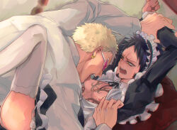 Rule 34 | 2boys, arms up, ass, bed, black hair, blonde hair, blush, cheese neko3, chest tattoo, crossdressing, donquixote doflamingo, dress, frilled dress, frills, garter straps, hand tattoo, highres, long sleeves, maid, maid headdress, male focus, multiple boys, muscular, muscular male, nipples, one piece, open clothes, open mouth, pectorals, short hair, size difference, sucking male nipple, sunglasses, tattoo, thighhighs, trafalgar law, white thighhighs, yaoi, yellow eyes