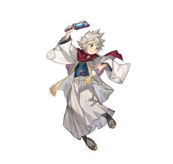 Rule 34 | 1boy, attack, dragonstone, fire emblem, fire emblem heroes, grey eyes, hagoita, japanese clothes, kana (fire emblem), kana (male) (fire emblem), kana (male) (rising dragon) (fire emblem), kimono, nintendo, non-web source, official alternate costume, official art, paddle, scarf, smile, solo, spiked hair, v-shaped eyebrows, white hair
