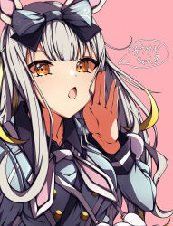 Rule 34 | 1girl, absurdres, animal ears, blue bow, blush, bow, commentary request, grey hair, hair bow, highres, kakuzatou (cubesugar03196), long hair, looking at viewer, mochizuki himari, multicolored hair, open mouth, rabbit ears, solo, translation request, uni create, virtual youtuber