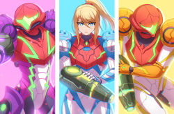 Rule 34 | 1girl, arm cannon, armor, blue background, blue eyes, enni, gravity suit (metroid), helmet, highres, looking at viewer, metroid, metroid dread, mole, mole under mouth, multiple persona, nintendo, ponytail, power armor, purple background, samus aran, serious, varia suit, weapon, yellow background
