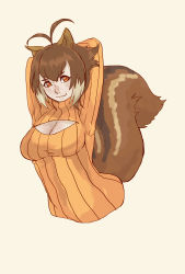 Rule 34 | 1girl, :3, animal ears, antenna hair, arms behind head, arms up, bad id, bad pixiv id, blazblue, breasts, brown eyes, brown hair, cleavage, cleavage cutout, clothing cutout, highres, large breasts, makoto nanaya, meme attire, multicolored hair, no legs, open-chest sweater, orange shirt, ribbed sweater, sara souju (warabi mochi), shirt, short hair, smile, solo, squirrel ears, squirrel tail, sweater, tail, turtleneck, two-tone hair, upper body