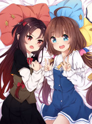 Rule 34 | 10s, 2girls, :d, ahoge, bed sheet, beret, black jacket, black skirt, blue dress, blue eyes, blush, board game, bow, brown hair, brown vest, commentary request, double v, dress, fang, fingernails, folded fan, folding fan, gradient hair, hair bow, hand fan, hat, highres, hinatsuru ai, jacket, layered sleeves, long hair, long sleeves, looking at viewer, low twintails, lying, multicolored hair, multiple girls, on back, on side, one side up, open mouth, parted bangs, pillow, pleated skirt, puffy short sleeves, puffy sleeves, red bow, red eyes, red hair, ryuuou no oshigoto!, sakuko, school uniform, shirt, shogi, short over long sleeves, short sleeves, skirt, smile, teeth, twintails, unworn hat, unworn headwear, upper teeth only, v, v-shaped eyebrows, very long hair, vest, white hat, white shirt, yashajin ai