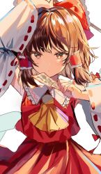 Rule 34 | 1girl, arm up, ascot, bow, brown eyes, brown hair, closed mouth, commentary, cropped shirt, detached sleeves, hair bow, hair tubes, hakurei reimu, highres, holding, holding paper, long sleeves, looking at viewer, migishita, ofuda, paper, red bow, red shirt, red skirt, ribbon-trimmed sleeves, ribbon trim, shirt, sidelocks, simple background, skirt, solo, touhou, white background, white sleeves, wide sleeves, yellow ascot