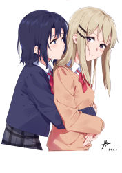 Rule 34 | 2girls, absurdres, adachi sakura, adachi to shimamura, black hair, black jacket, black skirt, blazer, blonde hair, blue eyes, bow, bowtie, brown sweater, closed mouth, collared shirt, commentary request, cropped torso, dated, hair ornament, hairclip, highres, hug, hug from behind, jacket, long hair, long sleeves, looking at another, looking back, medium hair, multiple girls, plaid, plaid skirt, ppchen, purple eyes, red neckwear, school uniform, shimamura hougetsu, shirt, signature, simple background, skirt, sweater, upper body, white background, white shirt, yuri