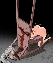 Rule 34 | 1girl, arms behind back, bdsm, bent over, blood, bondage, bound, bound arms, clenched hand, completely nude, corpse, death, decapitation, empty eyes, execution, guillotine, guro, highres, k8on, kneeling, nude, original, peeing, peril, silver hair, tagme, trembling, yellow eyes