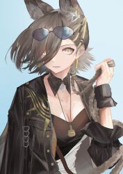 Rule 34 | 1girl, absurdres, ambience synesthesia, animal ear fluff, animal ears, arknights, black jacket, black wrist cuffs, blue background, braid, breasts, brown hair, cleavage, commentary, detached collar, earrings, eyewear on head, highres, hrk (dxez4457), jacket, jewelry, leaning forward, leather, leather jacket, long hair, medium breasts, mole above eye, open clothes, open jacket, penance (arknights), simple background, solo, sunglasses, swept bangs, tinted eyewear, upper body, wolf ears, wolf girl, wrist cuffs, yellow eyes