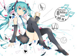 Rule 34 | 1girl, aqua eyes, aqua hair, beamed quavers, boots, character name, detached sleeves, hatsune miku, long hair, musical note, necktie, quaver, sevens (treefeather), simple background, sitting, skirt, smile, solo, striped, striped background, thigh boots, thighhighs, treble clef, twintails, very long hair, vocaloid