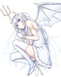 Rule 34 | 1girl, armlet, bad id, bad pixiv id, bare shoulders, demon wings, dress, gloves, heisei yutorin, high heels, horns, long hair, original, polearm, purple eyes, solo, strapless, strapless dress, thighhighs, trident, very long hair, weapon, white background, white gloves, white hair, white thighhighs, white wings, wings