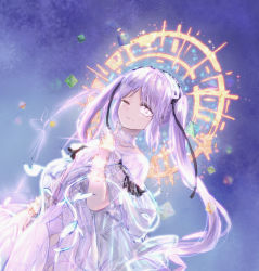 Rule 34 | 1girl, bracelet, choker, dress, fate/grand order, fate/hollow ataraxia, fate (series), halo, headband, jewelry, looking at viewer, night, one eye closed, purple eyes, purple hair, see-through, smile, stheno (fate), very long hair