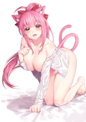 Rule 34 | 1girl, :d, absurdres, ahoge, all fours, animal ear fluff, animal ears, bare legs, bare shoulders, barefoot, blush, bow, breasts, cat ears, cat girl, cat tail, cleavage, collarbone, covering nipples, covering privates, fang, hair bow, highres, ia (ias1010), large breasts, long hair, long sleeves, looking at viewer, naked shirt, open clothes, open mouth, open shirt, original, pink hair, ponytail, red bow, red eyes, shirt, simple background, smile, solo, tail, tail raised, thighs, very long hair, white background, white shirt