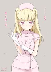Rule 34 | 1girl, blonde hair, blush, breasts, gloves, hat, kichihachi, large breasts, long hair, looking at viewer, nurse, nurse cap, pink eyes, solo, tokyo 7th sisters, translated, two side up, uesugi u. kyouko, white gloves