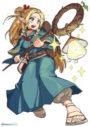Rule 34 | 1girl, backpack, bag, belt pouch, blonde hair, blue capelet, blue robe, book, book holster, braid, capelet, choker, dungeon meshi, elf, fighting stance, french braid, full body, hair around ear, hair ribbon, hair rings, half updo, highres, holding, holding staff, hood, hood down, hooded capelet, lantern, long hair, long sleeves, looking to the side, magic, marcille donato, masaartjv, multiple braids, mushroom, open mouth, pants, parted bangs, pointy ears, pouch, ribbon, robe, sandals, side braid, simple background, solo, sparkle, sprout, staff, tearing up, themed object, twitter username, very long hair, walking, walking mushroom (dungeon meshi), white background, white pants