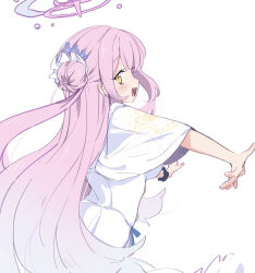 Rule 34 | 1girl, :d, absurdres, blue archive, blue flower, blush, dress, flower, hair bun, hair flower, hair ornament, hair ribbon, halo, highres, long hair, looking at viewer, mika (blue archive), ocha (popopogg), open mouth, pink hair, pink halo, ribbon, simple background, single hair bun, smile, solo, white background, white dress, white ribbon