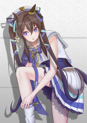 Rule 34 | 1girl, :3, absurdres, adjusting sock, anchor necklace, anchor ornament, animal ears, bare arms, bare shoulders, blue bow, blue bowtie, blue eyes, blue ribbon, blue skirt, blush, bow, bowtie, brown hair, chain, chiru chiru (artist), commentary request, covered navel, ear covers, ear ornament, feet out of frame, gold chain, hair between eyes, hair ornament, hair ribbon, hat, highres, horse ears, horse girl, horse tail, jewelry, long hair, loose socks, multicolored hair, necklace, open mouth, outstretched hand, pleated skirt, ribbon, sailor collar, shadow, shirt, signature, simple background, single ear cover, skirt, sleeveless, sleeveless shirt, smile, socks, solo, streaked hair, tail, twintails, two-tone skirt, umamusume, very long hair, vivlos (umamusume), white background, white hair, white hat, white shirt, white skirt, white socks